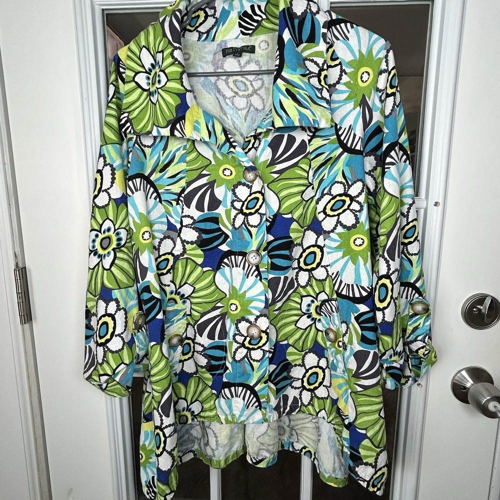 For Cynthia Linen Blend Floral Print Button Down Top Roll Tab Cuff Tunic Size L‎
